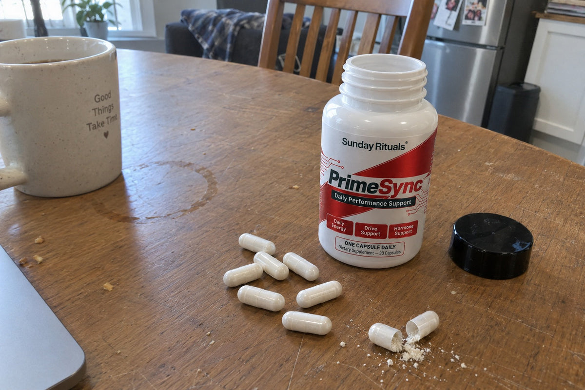 Opened PrimeSync bottle with capsules on a table