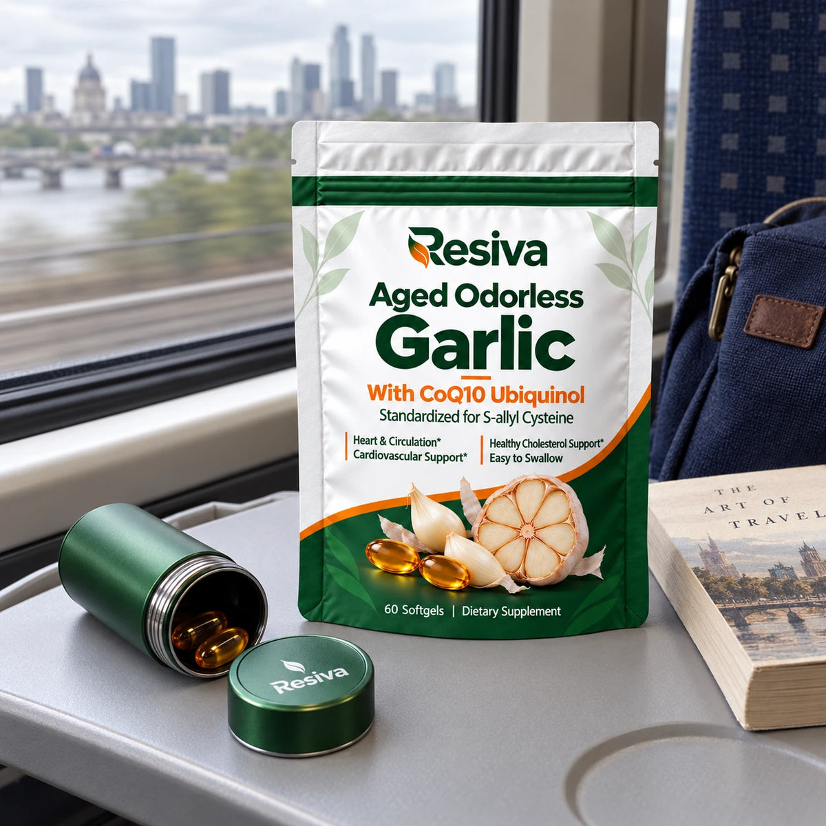 Resiva Aged Odorless Garlic pouch, water and softgels