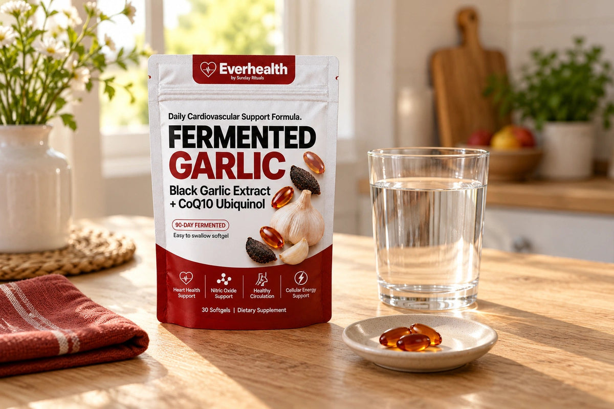 Fermented Garlic pouch, water and softgels
