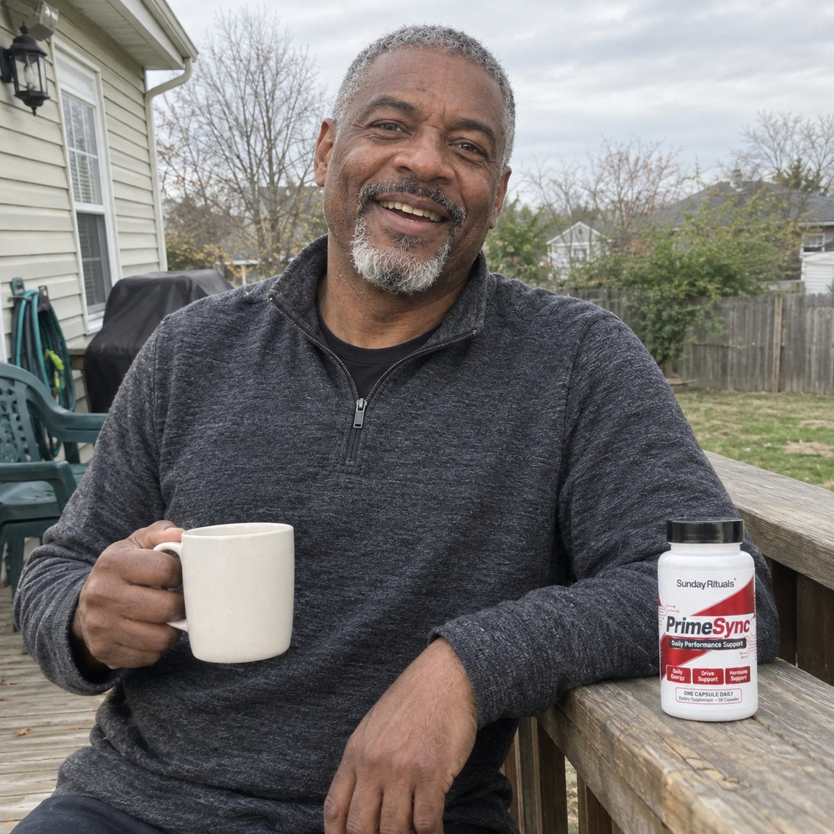 Man in his 50s on his back porch with coffee